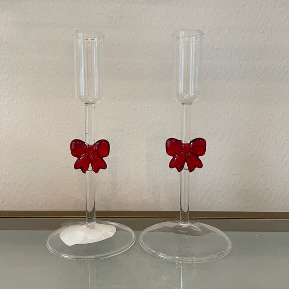 Red Bow Glass Taper Candle Holders 7in Set of 2 Holiday Glam NEW - Picture 2 of 9